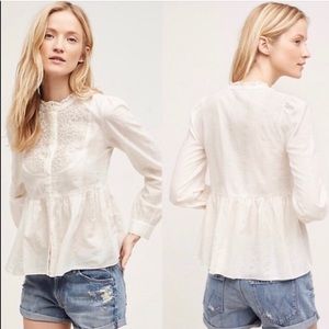 Anthropologie | Floreat | White Embroidered Mock Neck Button Down Shimmer top 6